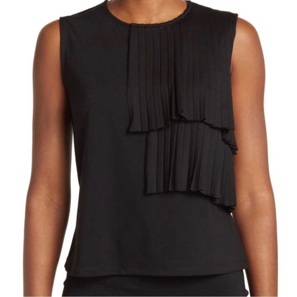 Nwt - T TAHARI - Black Ponte Knit Round Neck Pleated Sleeveless Top - Size Small